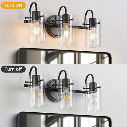 3 Lights Vanity Lights, Matte Black Bathroom Wall Light Fixtures over Mirror, Modern Wall Sconce with Clear Glass Shade, Farmhouse Wall Mount Porch Wall Lamp for Mirror, Kitchen, Living Room, Workshop
