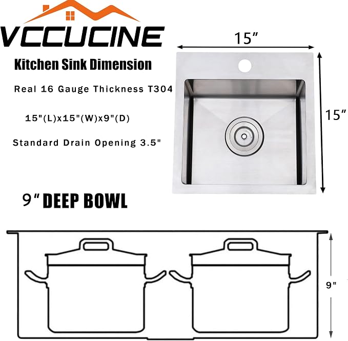 VCCUCINE Drop in Bar Sink, 15x15 Inch Topmount RV Small Kitchen Sink, Handmade Stainless Steel Wet Bar Sink, Outdoor Single Bowl, Brushed Nickel Prep Sink with Accessories