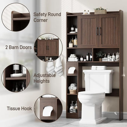 Vabches Farmhouse Over The Toilet Storage Cabinet with Barn Door, Espresso | Storage Cabinet Over Toilet, Home Space-Saving Toilet Rack, for Bathroom, Restroom, Laundry