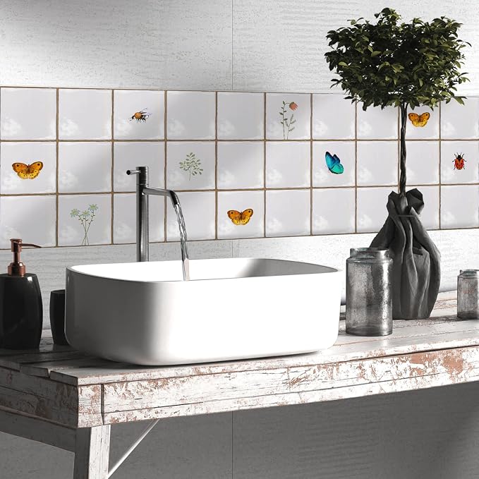Alwayspon Vinyl Sticker Peel and Stick, Self-Adhesive Wall Tile Transfers Backsplash Sticker Decal for Kitchen Bathroom, 6x6inch/15x15cm 30Pcs, Insects and Plants T037