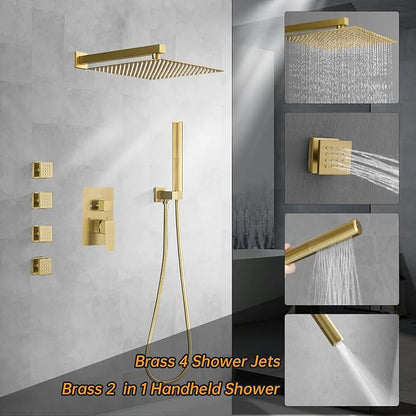 Hoimpro 12 Inch Rainfall Shower Faucet with 4 Full Body Shower Jet Fixtures Combo, Wall Mounted Shower System Set with Rain Mixer Shower Head and 2 in 1 Spray Handheld Showerhead, Brushed Gold