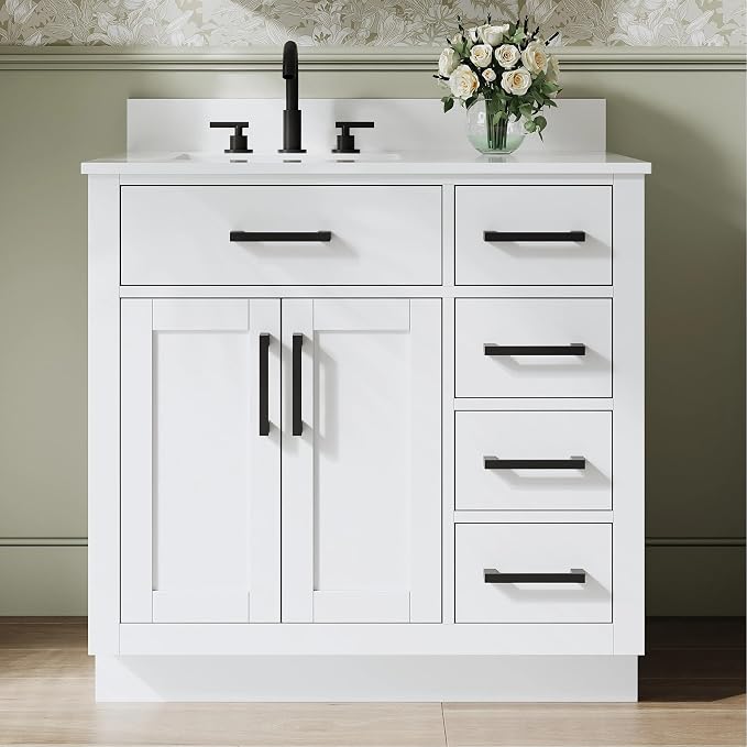 36-Inch Bathroom Vanity with Sink W/ 2 Doors & 4 Drawers & 1 Flip Drawer, White Vanity W/Matte Black Handles