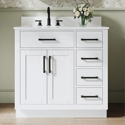 36-Inch Bathroom Vanity with Sink W/ 2 Doors & 4 Drawers & 1 Flip Drawer, White Vanity W/Matte Black Handles