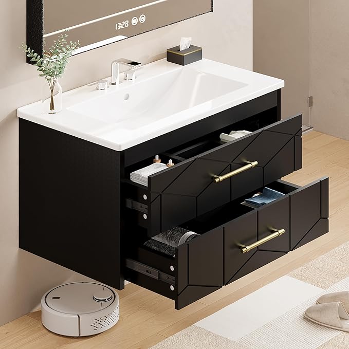 Garvee 30" Bathroom Vanity with Sink, Floating Bathroom Vanity with Ceramic Basin, 2 Large Storage Drawers with Gold Metal Handle, Modern Wall Mounted Bathroom Cabinet with Sink, Black