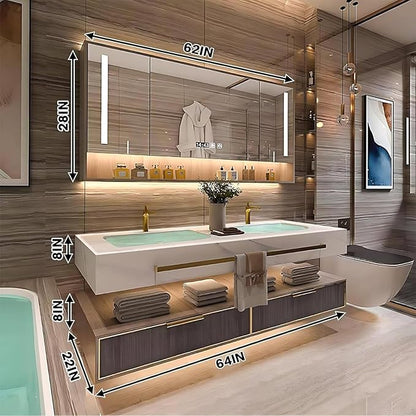 Bathroom Vanity - Floating Bathroom Vanity with Double Seamless Ceramic Sinks Include Luxury Mirror Cabinet & Grey Wood Grain,Modern Sink Cabinet with Towel Hanging & Led Light(64IN) (64IN)