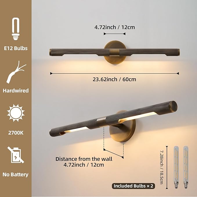 Museum Gallery Bathroom Picture Light - 24 Inch Long Bronze Brass Dimmable Hardwired Wall Sconces with E12 Bulb - Frame Pictures Art Deco Sconce Lights for Painting Photo Artwork Library Vanity Over