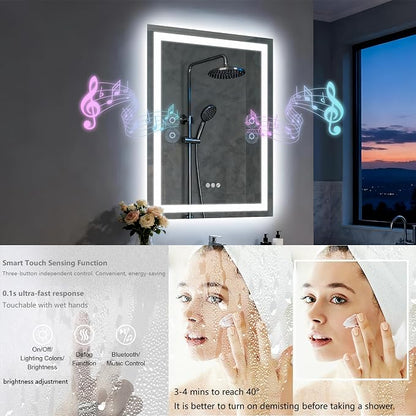 20"x28" LED Bathroom Mirror with Lights,Bluetooth Dual Speaker | Anti-Fog,3 Color Temperature,Dimmable Brightness,Memory Function,Waterproof,Wall Mount Design,Tempered Glass