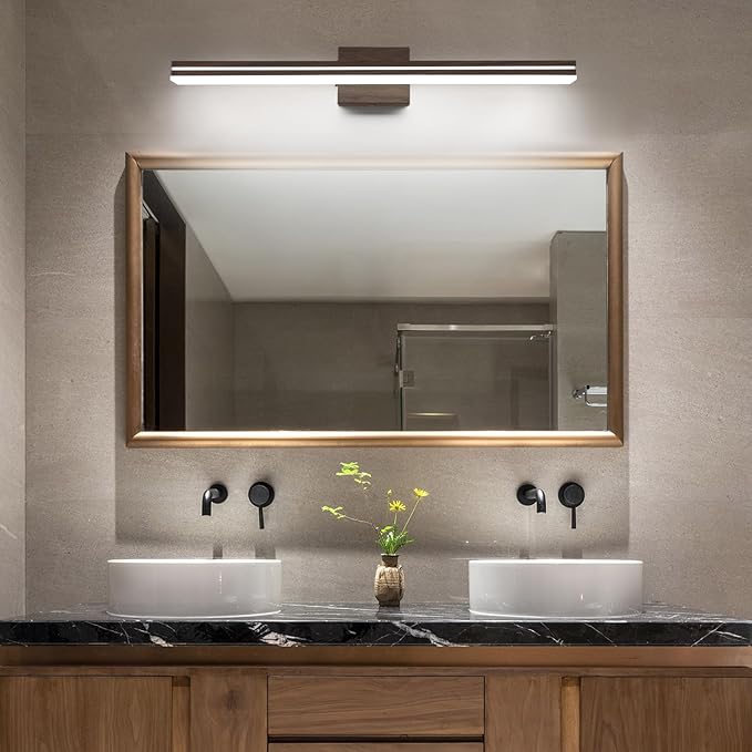 SineRise LED Modern Bathroom Vanity Light Fixtures (32-Inch, 3000K/4000K/6000K, Dimmable), Brown Wood Painted Modern Acrylic Bathroom Wall Lighting Fixtures Over Mirror