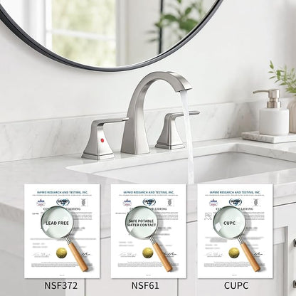 Bathroom Sink Faucet 8 inch, 3 Hole, NSF Certified, Brushed Nickel | Modern Bathroom Faucet for Bathroom Sink and RV with Pop-Up Drain and Water Supply Lines