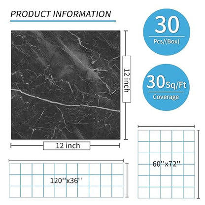 Art3d 30-Pack Peel and Stick Vinyl Floor Tiles, 12 x 12 in, Dark Marble | Anti-Slip, Waterproof, Stain-Resistant, Simple to Clean, Durable, Premium Vinyl, Ideal for Kitchen, Dining Room, Bedrooms