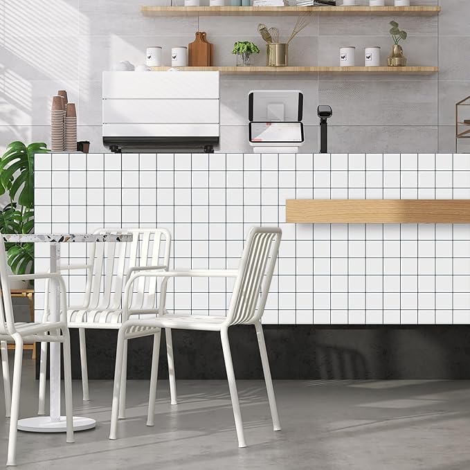 DEWOO Peel and Stick Backsplash Self Adhesive Wall Tiles White,10-Sheet | Checkered,Solid,Square,Sticky,for Kitchen,Bathroom,Laundry,Sink,12"×12"