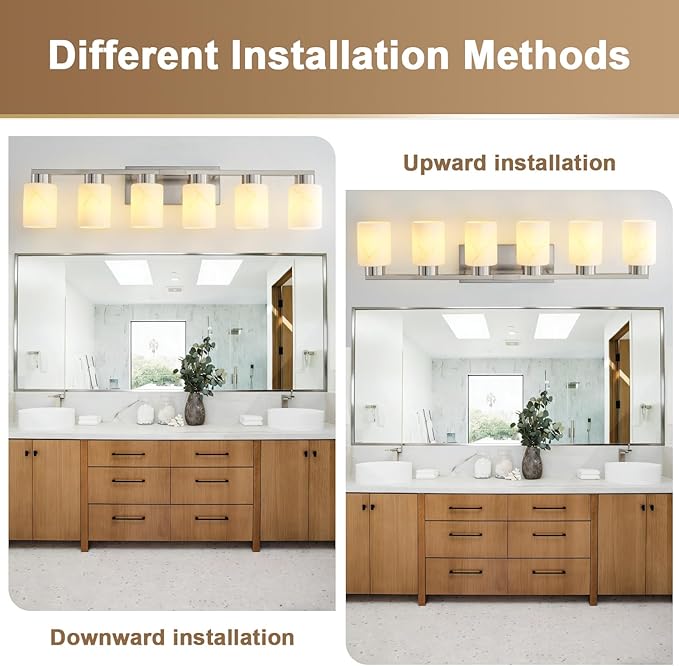 6-Light Bathroom Light Fixtures, Modern Vanity Lights, Brushed Nickel Metal Wall Lamp with White Marble Glass for Bathroom, Mirror, Living Room, Bedroom, Cabinet, Porch, Hallway, E26 Base