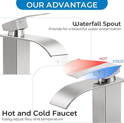 Nickel Tall Waterfall Bathroom Faucet for Vessel Sink with Drain | SUS 304 Stainless Steel, Single Handle, 1 Hole Sink, Tall Spout, Vessel Sink, Pop-Up Drain, Supply Hoses, NSF372 NSF61 cUPC