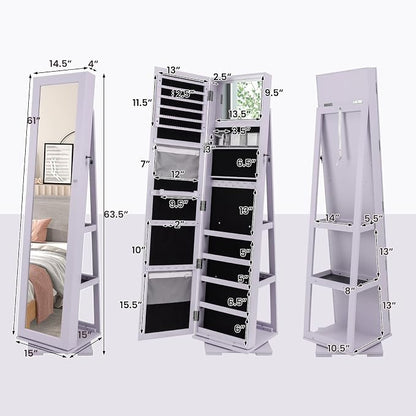 CHARMAID 360° Swivel Jewelry Armoire with Full Length Mirror, Standing Lockable Jewelry Cabinet Organizer, Large Storage Capacity, Inside Makeup Mirror, Back Storage Shelves (Lavender)