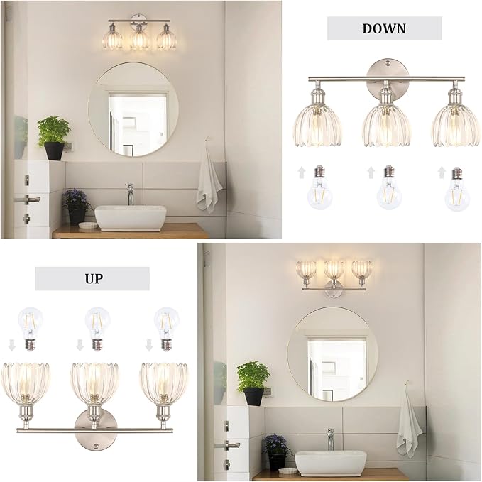 Bathroom Light Fixtures, 3-Light Vanity wall Light Over Mirror with Clear Tulip Glass Shade for Bedroom Living Room (Bulb Not Included), Satin Nickel