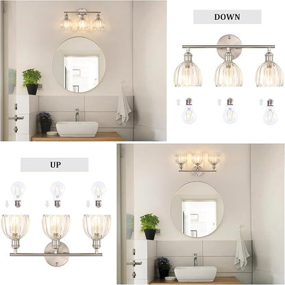 Bathroom Light Fixtures, 3-Light Vanity wall Light Over Mirror with Clear Tulip Glass Shade for Bedroom Living Room (Bulb Not Included), Satin Nickel