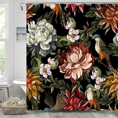 GOAOK Black Boho Floral Shower Curtain, Bright Abstract Bohemian Tropical Leaves Plant Flower Botanical Bird Shower Curtains, Modern Aesthetic Boho Chic Fabric Shower Curtain 12 Pack Hooks, 60X72