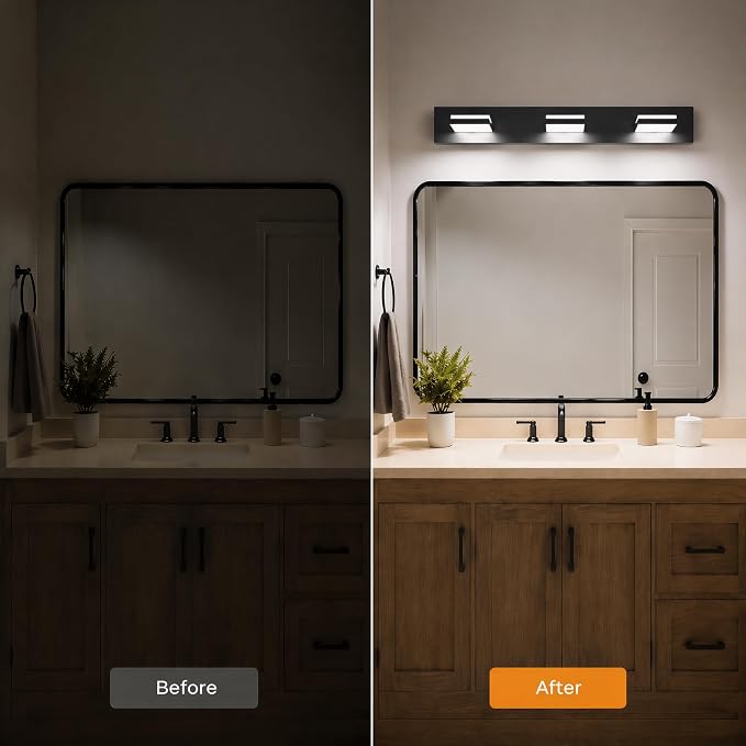 Black Modern LED Bathroom Vanity Light Fixtures over Mirror (22 in 3-Light) | Rotatable Heads, Dimmer Compatible, Wall Mount, Square Shape Design