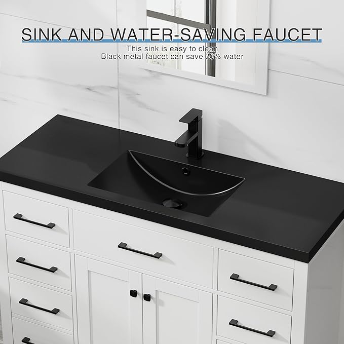 LUCKWIND 48" Modern Bathroom Vanity and Black Sink, Painted Bathroom Storage Cabinet with Single Resin Black Sink, Two Doors and Four Drawers, Include Faucet Without Mirror, White