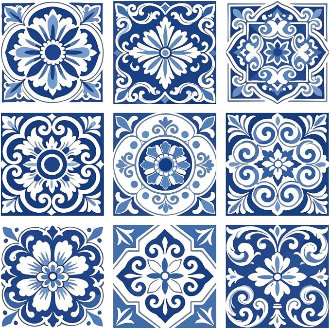 36Pcs 9 Styles Blue and White Tile Stickers 4 x 4 Inch Ceramic Tile Decals Peel and Stick Square Flower Pattern Waterproof PVC Decal for Kitchen Bathroom Backsplash Furniture DIY Home Decor