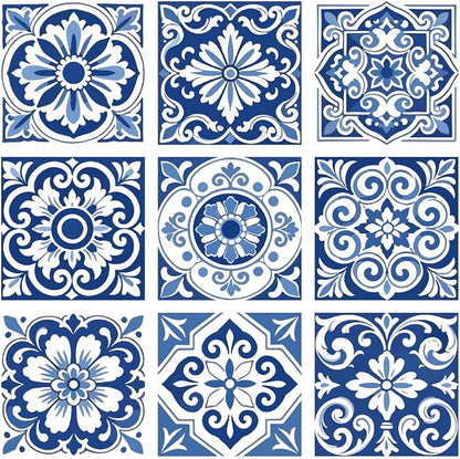 36Pcs 9 Styles Blue and White Tile Stickers 4 x 4 Inch Ceramic Tile Decals Peel and Stick Square Flower Pattern Waterproof PVC Decal for Kitchen Bathroom Backsplash Furniture DIY Home Decor