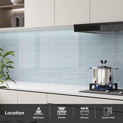Light Blue Glass Subway Tile, 3x6 Inch, 4 Sq.Ft, Glass Backsplash Tile for Kitchen Shower Bathroom Wall, Pack-32 Pcs