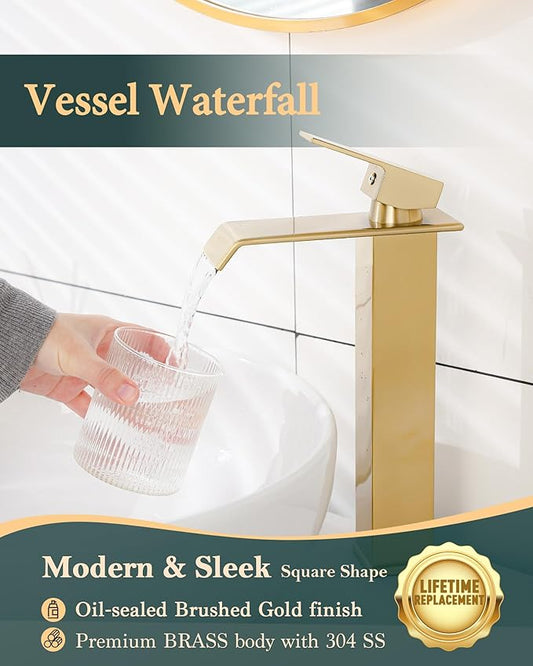 Brushed Gold Tall Waterfall Vessel Sink Faucet – Single Hole 304 Stainless Steel Bathroom Faucet with Metal Pop-Up Drain, High Arc Spout for Modern Vanities