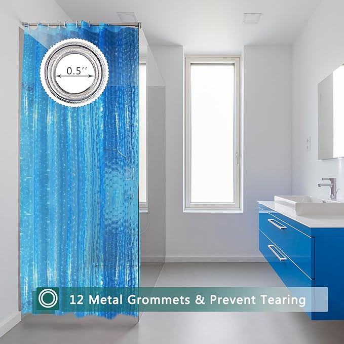 Blue Shower Curtain Liner, 100% Waterproof EVA 3D Shower Curtains with 3 Duty Heavy Bottom Magnets and 12 Rust Proof Grommets, 72x72 Weighted Shower Liner for Shower Stall, Bathtubs