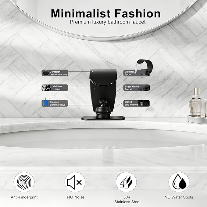 Waterfall Bathroom Sink Faucet, Matte Black Single Hole Vanity Faucet with Pop-Up Drain, Deck Plate & Supply Hoses, Modern 1 Handle Deck Mount for Bathroom Vanity Sink