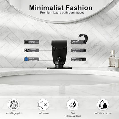 Waterfall Bathroom Sink Faucet, Matte Black Single Hole Vanity Faucet with Pop-Up Drain, Deck Plate & Supply Hoses, Modern 1 Handle Deck Mount for Bathroom Vanity Sink