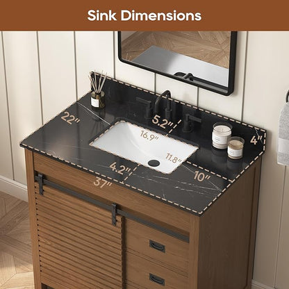36 Inch Bathroom Vanity with Sink, Farmhouse Solid Wood Frame Vanity with Sink, Sliding Barn Door Bathroom Storage Cabinet with Soft-Closing Dovetail Drawers, Brown Oak