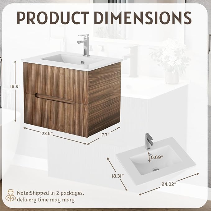 EROMMY 24 Inch Bathroom Vanity with Sink, Floating Bathroom Vanity with Ceramic Basin, Wall Mounted Bathroom Sink Cabinet Set with Soft-Close 2 Drawers, Faucet & Pop Up Drain, Walnut