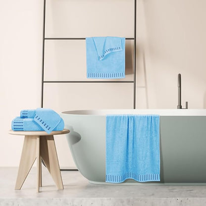 Ultra Soft 6 Pack Cotton Towel Set, Contains 2 Bath Towels 28x55 inch, 2 Hand Towels 16x24 inch & 2 Wash Cloths 12x12 inch, Ideal Everyday use, Compact & Lightweight - Sky Blue