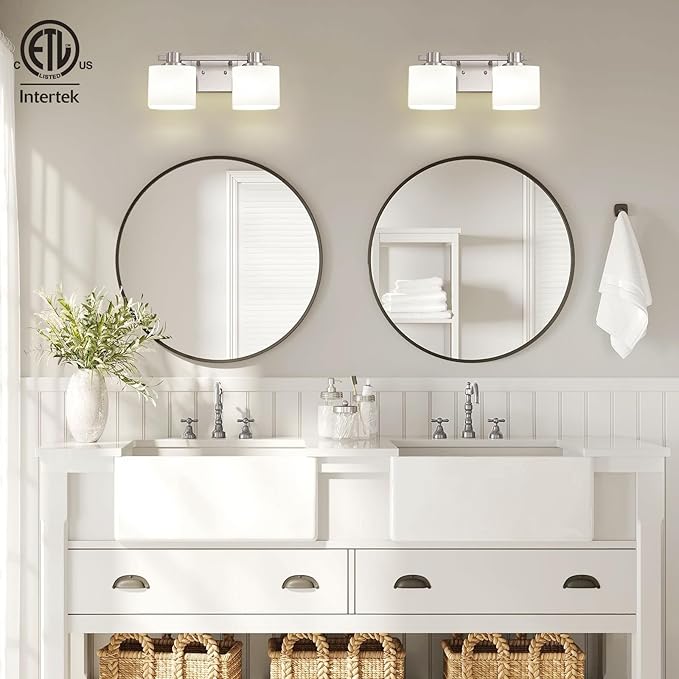 15.5 Inch Brushed Nickel Vanity Light for Bathroom 2 Light Bathroom Light Fixtures Over Mirror Milk Glass Makeup Shower Lamp Farmhouse Wall Sconce
