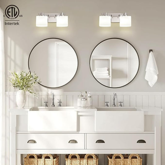 15.5 Inch Brushed Nickel Vanity Light for Bathroom 2 Light Bathroom Light Fixtures Over Mirror Milk Glass Makeup Shower Lamp Farmhouse Wall Sconce