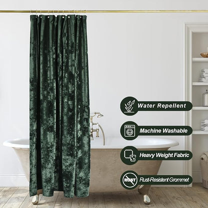 TAMGHO Crushed Velvet Shower Curtain, Dark Green Luxury Shower Curtain with Gold Decro Metal Hooks, Machine Washable Thick Fabric Bathroom Curtain, 72x72