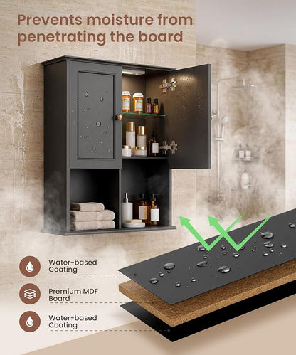 HAIOOU 23.6 inch Bathroom Wall Cabinet with Motion Sensor Light - Black | Wall Mount Medicine Cabinet with Recessed Panel Doors, Adjustable Glass Shelf, Soft Close Hinges for Over the Toilet Storage