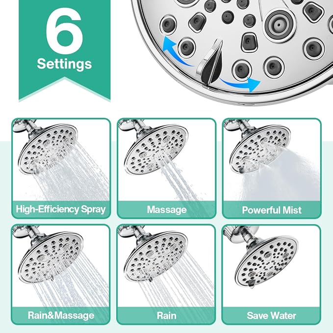 Cobbe 6 Spray High Pressure Filtered Shower Head for Hard Water Combo | Rain Showerheads with 20 Stage Water Softener for Healthier Skin & Hair Remove Chlorine and Harmful Substances, Chrome