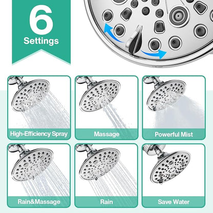 Cobbe 6 Spray High Pressure Filtered Shower Head for Hard Water Combo | Rain Showerheads with 20 Stage Water Softener for Healthier Skin & Hair Remove Chlorine and Harmful Substances, Chrome