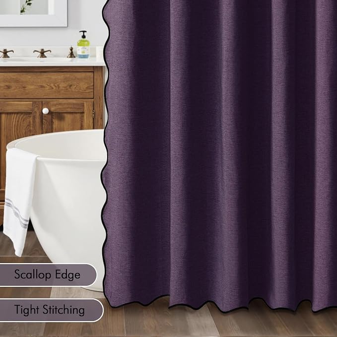 MIULEE Purple Scalloped Linen Shower Curtain 72x72 Inches | Linen Textured, Waterproof, Washable, 12 Metal Hooks, Heavy Duty Cloth, Black Border, Shower Curtain for Bathroom Bathtub
