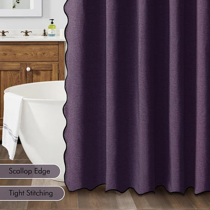MIULEE Purple Scalloped Linen Shower Curtain 72x72 Inches | Linen Textured, Waterproof, Washable, 12 Metal Hooks, Heavy Duty Cloth, Black Border, Shower Curtain for Bathroom Bathtub