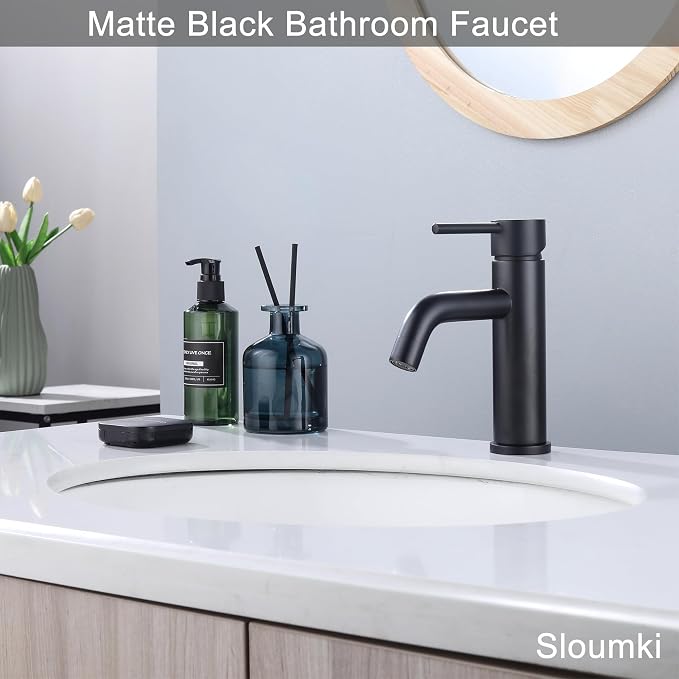 Bathroom Faucet Matte Black Modern Bathroom Sink Faucet with Single Handle Suitable for 1 or 3 Holes, Supply Deck Plate and Hose