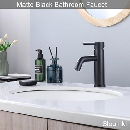 Bathroom Faucet Matte Black Modern Bathroom Sink Faucet with Single Handle Suitable for 1 or 3 Holes, Supply Deck Plate and Hose