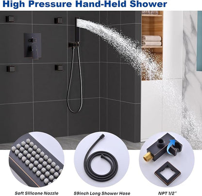 ENGA Oil Rubbed Bronze Shower System with Body Jets, 2 In 1 Functions Ceiling Mount 14x20inch LED Shower Head with 4 Body Jets, Rainfall Waterfall Shower Faucet Set