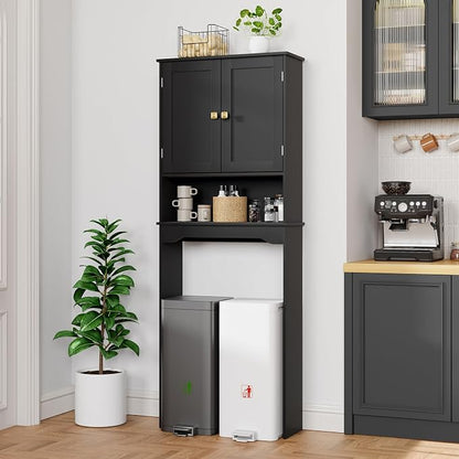 RRX Over The Toilet Storage Cabinet, Bathroom Above Organizer (Black) | Free Standing Toilet Rack with Adjustable Shelf and Open Storage, Double Doors, Space Saver,24.8" L x 9.1 "W x 65.7 "H