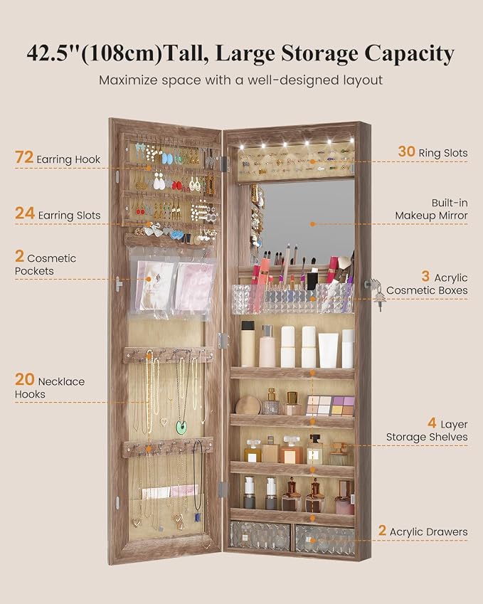 LVSOMT 42.5" Wall Mounted Jewelry Organzier with LED Mirror, Wood | Lockable Jewelry Cabinet for 30 Ring Slots, 96 Earring and 20 Necklace Hooks, Gift for Women, Girls
