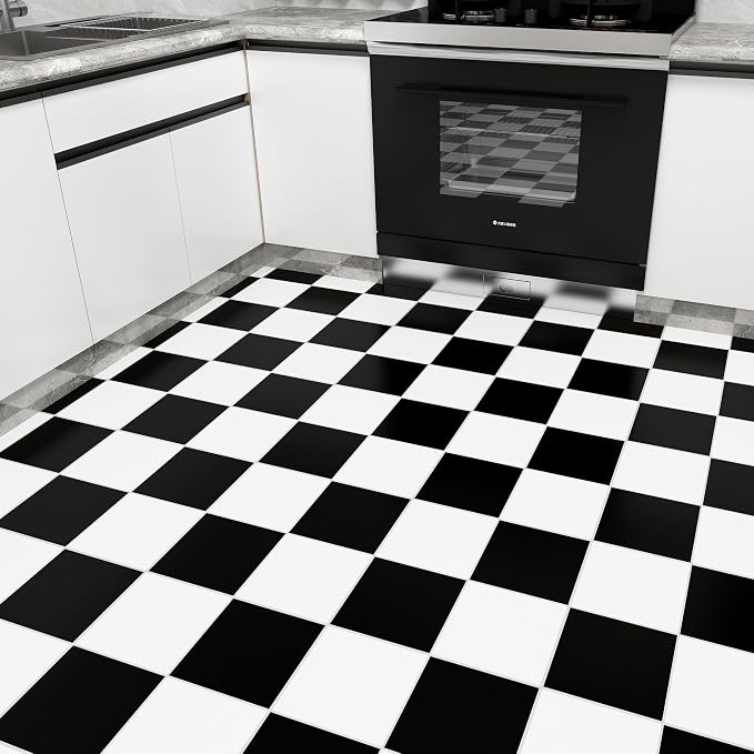 Lareko 60Sq.Ft Marble Peel and Stick Vinyl Floor Tiles,60 Tiles - 12" x 12",Waterfproof and Self Adhesive Vinyl Sticker Tiles,Laminate Flooring for for Kichen,Dining Room(Black 30pcs&White30pcs)