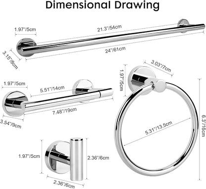 Polished Chrome Bathroom Hardware Accessories Set 4 Pieces,Towel Bar Set Stainless Steel Wall Mounted, Includes 24 in Towel Holder Set, Toilet Paper Holder Bathroom Towel Rack Set Silver