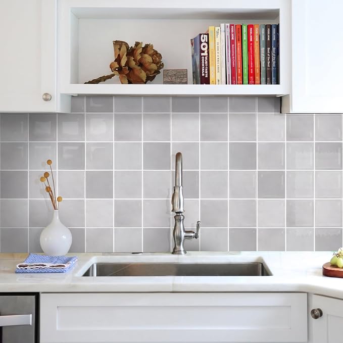 Commomy Thicker Gray Peel and Stick Tiles - 10 pcs of 12" x 12" - 3D Adhesive Square Peel and Stick Tiles Backsplash for Kitchen, Bathroom, Removable, Waterproof, Vinyl Wall Tile (Gray)