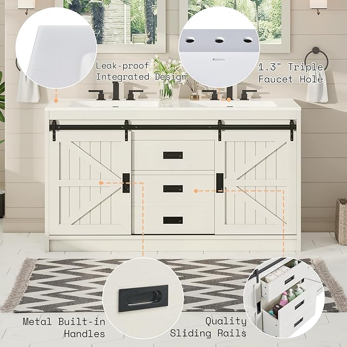 AMERLIFE 61" Farmhouse Double Bathroom Vanity with Sink Combo, Dual Basin Bathroom Storage Cabinet with Sliding Barn Doors & Drawers, Large Double Bath Vanity Sink Set, Rustic White